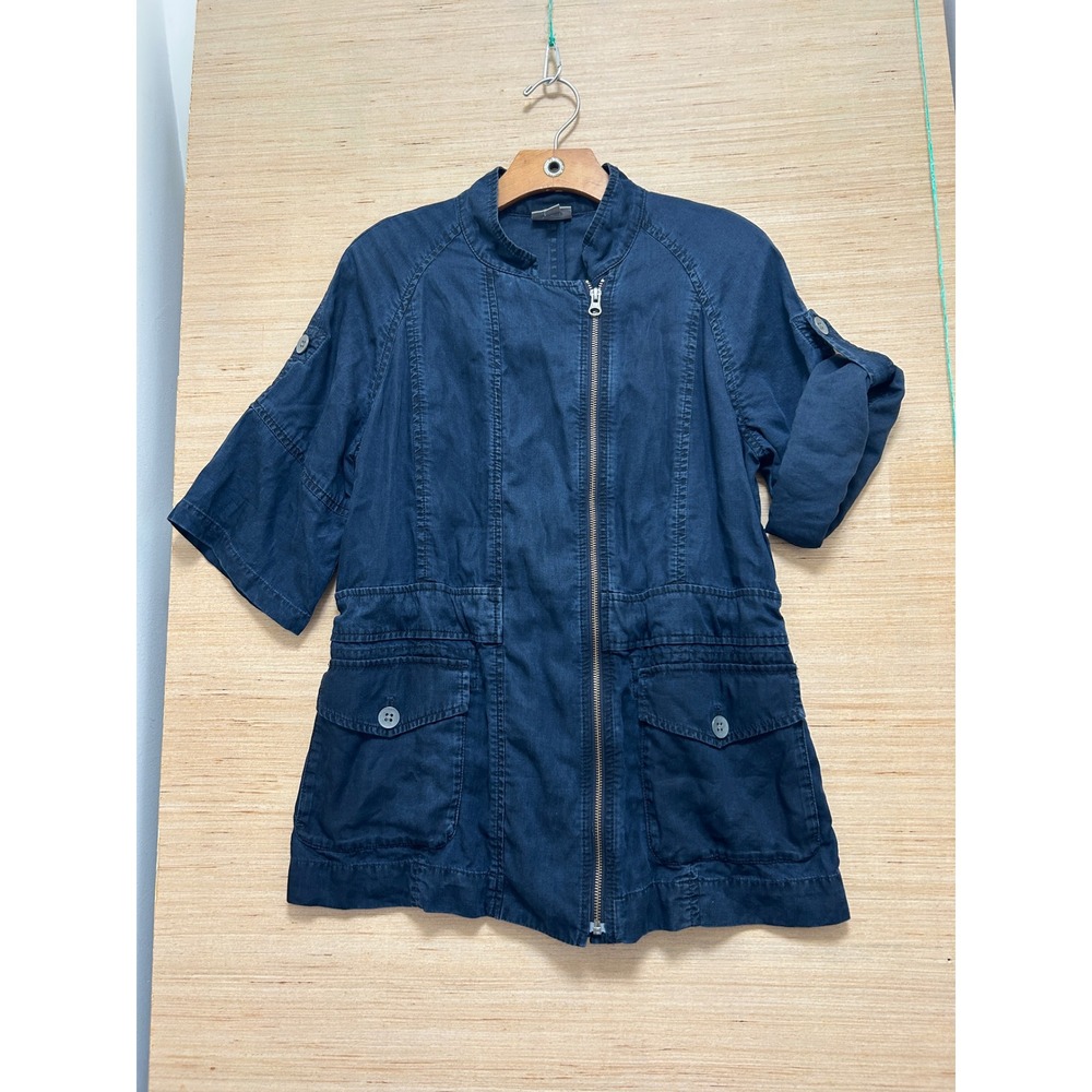 J. Jill Navy Blue Linen Blend Zip Up Utility Safari Jacket Short Sleeve Small